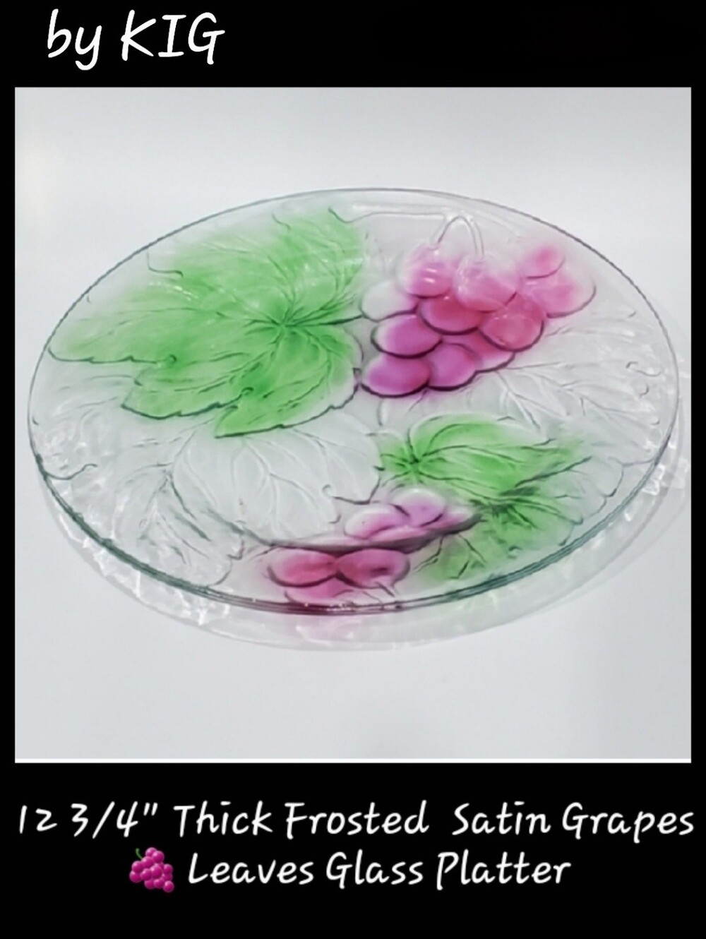12 3/4" Frosty Purple Grapes 🍇 Green Leaves Thick Glass Vintage Platter by KIG